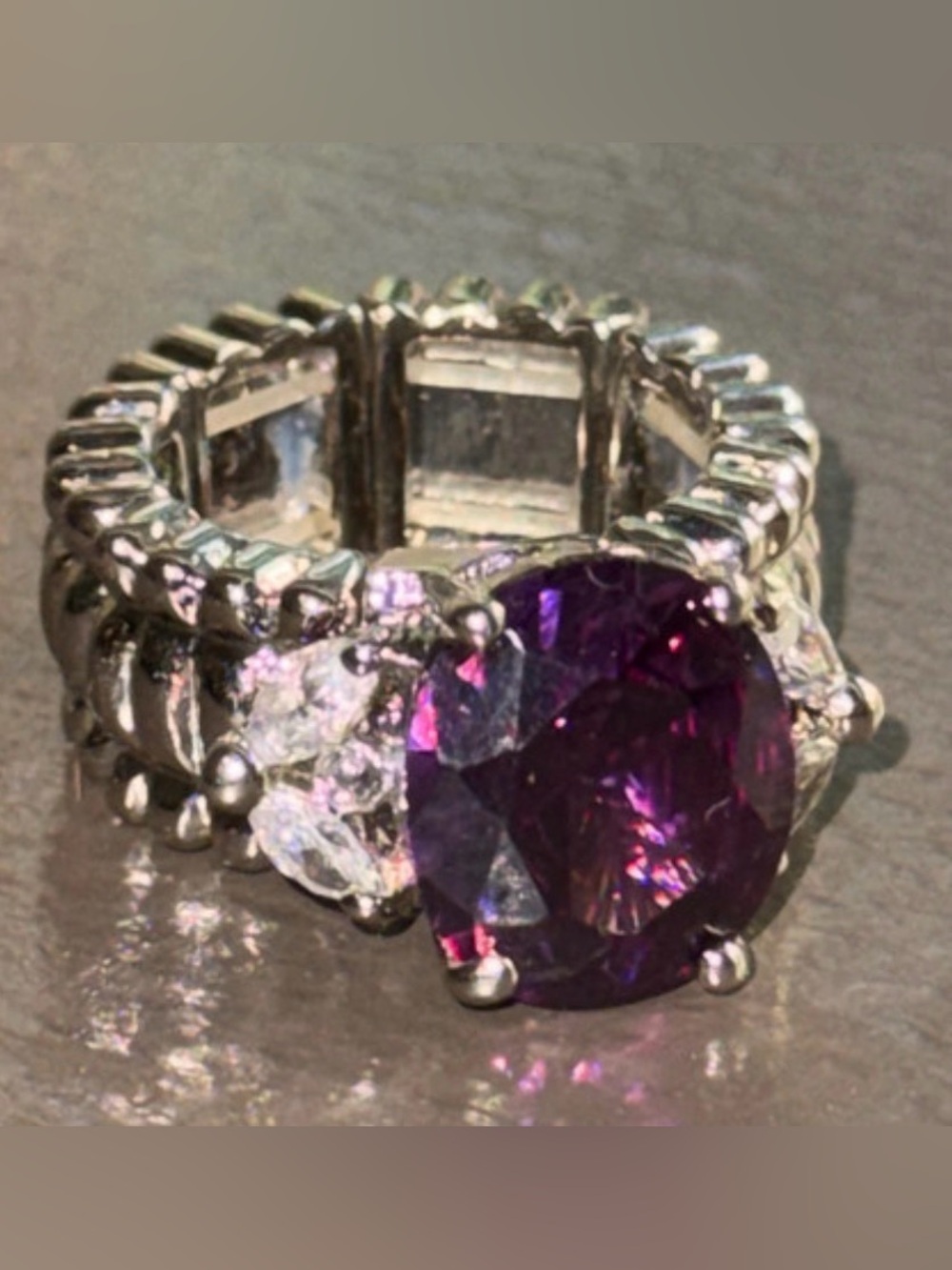 Stretchy Alexandrite & CZ Statement Ring (Size 7+) Rhodium Plating
